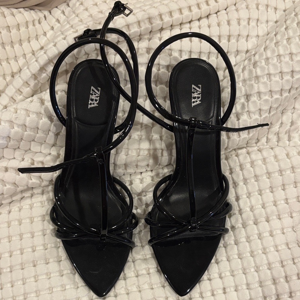 Zara Glossy Black Strappy Heels